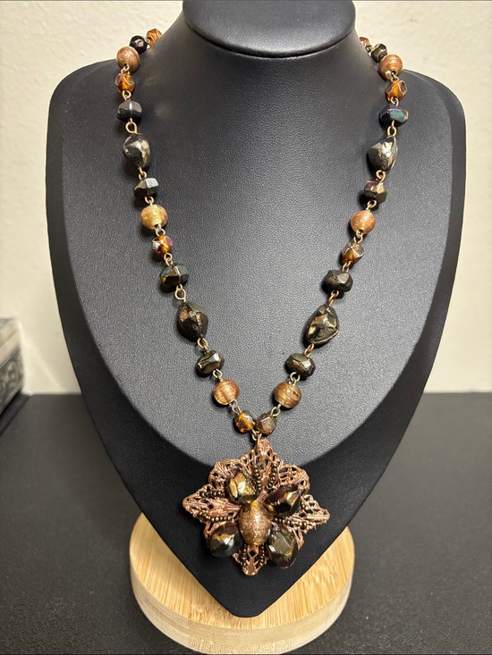 Source Unknown Jewelry - Handcrafted Glass Copper & Brown Beaded Floral Pendant Necklace